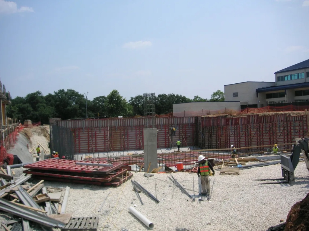 Commercial construction site with formwork and rebar